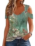 Disamer Womens Tops Summer Off The Shoulder 2025 Spring Fashion Short Sleeve T Shirt Basic Tees Sexy Dressy Casual Blouse,Flower Green,Large