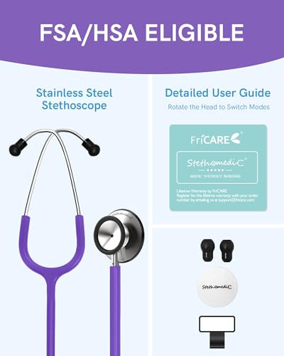 Image of FriCARE Dual Head Stethoscope - Stethoscopes for Nurses, Medical Nursing Students, Paramedics /EMT /LVN /VNA Backup Estetoscopio, Dark Purple Tube, Stainless Steel Chestpiece