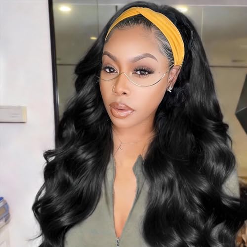 CINHOO Long Black Body Wave Headband Wigs for Black Women Synthetic Natural Looking Wavy Scarf Wigg for Women 24inch Wear and Go Glueless half Wig with Headbands Attached (24inch)
