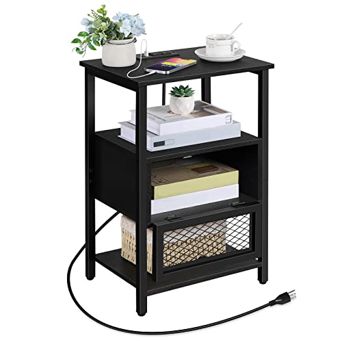 Oyeal Black Nightstand With Charging Station End Table With Drawer Storage Shelf Small Sofa Side Table With Usb Ports And Outlets For Narrow Space Living Room Home Decor, Black #TOP7