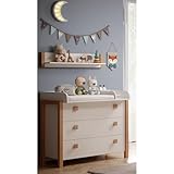 LIEFERUMFANG - 1 Babyzimmer Set bestehend aus: 1x Kommode mit 1 Wickelaufsatz, max. ca. 15 kg, 3 Schubkästen, je max. ca. 5 kg, B/H/T Wickelaufsatz ca. 106/12/77,2 cm, B/H/T Kommode ca. 120,4/96,2/55,4 cm, Gesamtmaß B/H/T ca. 120,4/106/77,2 cm; 1x Wandboard mit 1 Ablageboden bis max. ca. 5 kg belastbar, B/H/T ca. 109,4/22/22 cm