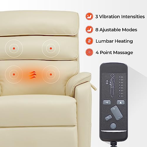 Irene House 9188 Medium Lift Chair Recliners Lay Flat Sleeping Dual Okin Motor Power For Elderly Infinite Position Electric Recliner With Heat Massage (Cream Top Faux Leather) #TOP2