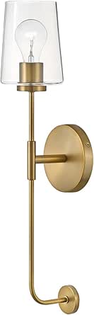 Lark Kline 83450LCB Single Tall Wall Sconce, Elongated, Minimalistic Frame, Tapered Clear Glass Shade, Lacquered Brass