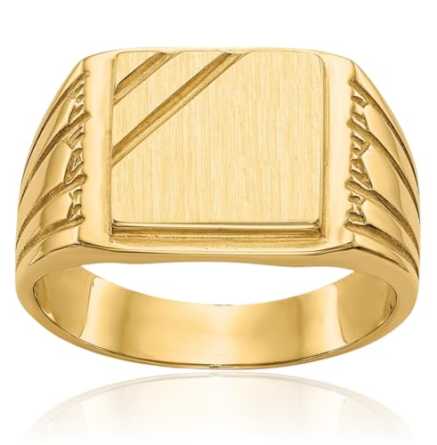 IceCarats 14K Solid Yellow Gold Square Engraved Signet Ring 3mm Slim Band Polished, Satin, Engravable Matte For Him