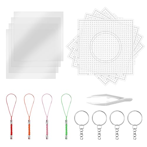 lompyeu Beads Plantilla,Juego de 4 placas de cuentas para plancha(14.5 * 14.5cm) con 4 Hojas de Planchado, 4 Cordones, 4 llaveros y 1 par de pinzas