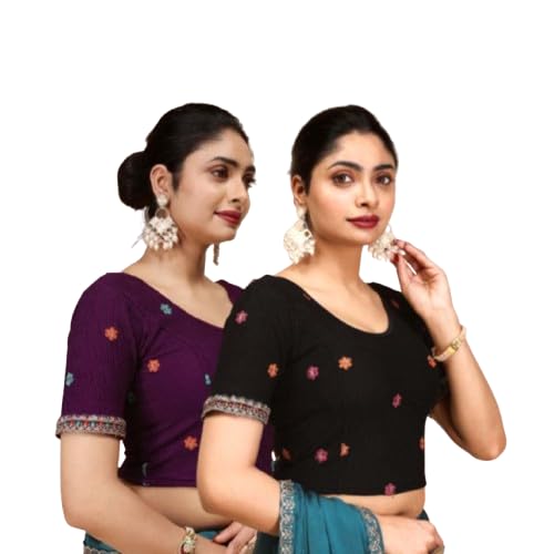 paarth enterprise Pack of 2 Women Floral Embroidered Round Neck Short Sleeve Blouse-picture-44