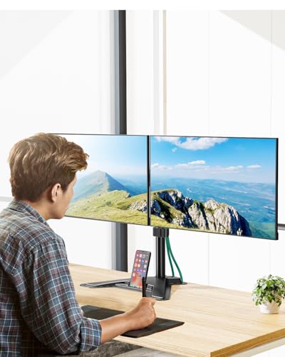 MOUNT PRO デュアルモニタースタンド - 自立式フルモーションモニターデスクマウント 最大27インチ 17ポンド 高さ調節可能 スイベル/傾斜/回転/VESA 75x75 100x100