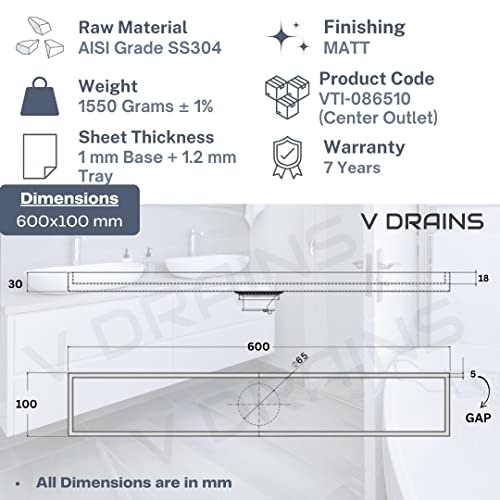 Image of 600x100 mm Tile Marble Insert Floor Shower Drain Channel | Linear (Long) Drain for Bathrooms, Floor, Balconies of SS (Grade AISI 304 18 /8) with Cockroach Trap | Center Outlet (24x4 inches)