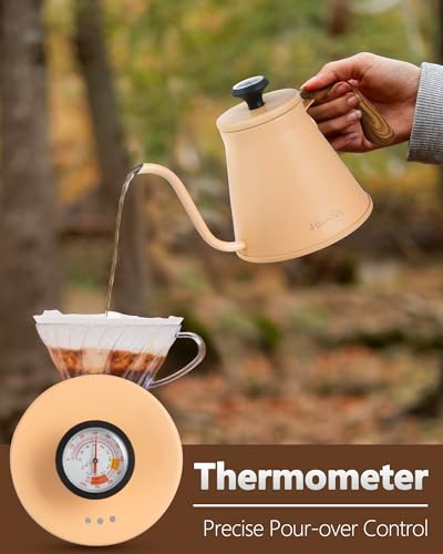Gooseneck Kettle, Harriet 37oz Pour Over Kettle with Thermometer, Coffee kettle for Stovetop, Stainless Steel Kettle with 3-Layer Base, Anti-Hot Handle, for Drip Coffee & Tea, Peachy
