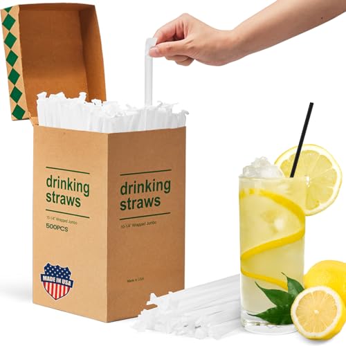 Image of Disposable Plastic Straws,500 PCS Individually Wrapped Black Drinking Straw