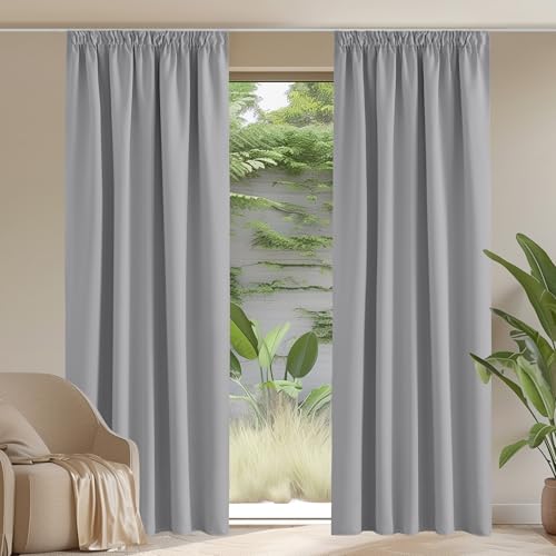PONY DANCE Verdunkelnde Vorhänge mit Kräuselband Wohnzimmer 2er Set H 245 x B 140 cm Silbergrau, Verdunklungsvorhänge für Schienensystem Thermo Gardinen Isolierend Kälte und Wärme