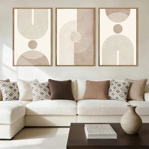 BINCUE Beige Neutral Canvas Wall Art Framed Geometric Abstract Wall Decor Mid Century Modern Artwork Wall Decor for Living Room Bedroom Office 16'x24' Set 3 Gift