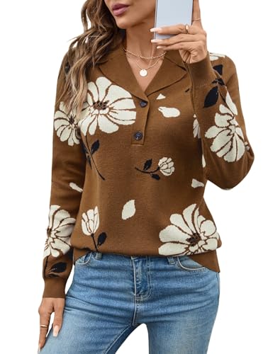 Image of LOMON Sweaters for Women 2025 Fall Knitted V-Neck Collared Button Pullover Dressy Casual Long Sleeve Polo Shirts Business
