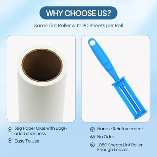 ELAKIRI Fusselrolle Tierhaare 12 Rollen,1080 Blatt - Extra Klebrige Flusenroller für Katzenhaare, Hundehaare - Reusable Lint Roller mit 2 Abroller - Fusselroller Kleidung für Staub, Sofa, Teppiche