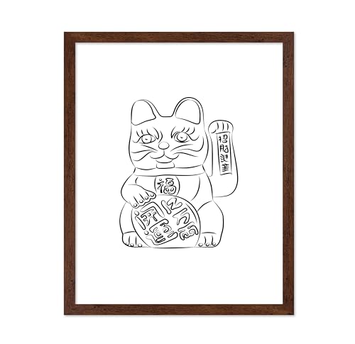 Poster Master Maneki-neko Poster - Retro Lucky Cat Print - Lucky Charm Illustration - Japanese Illustration - Line & Abstract Design - Chic Boho Art - Living Room or Office Decor - 8x10 Brown Framed