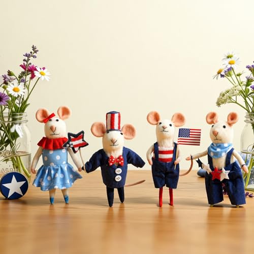 Hahafelt 4 Pcs 4th of July Felt Mice Ornament Cute Patriotic Wool Mouse Set American Red Blue White Handmade Hanging Mice for 250th Anniversary Independence Memorial Day Table Decor 3.94 Inch