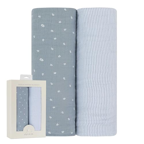 Image of Ely's & Co. Muslin Swaddle Blanket 2-Pack — 100% Cotton Muslin Extra-Large Swaddle Blankets (47” x 47”) Solid Blue + Printed Blue Leaf