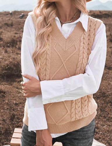 Image of Women's Sweater Vest,Long Cable Loose Knitted Sleeveless V Neck Casual Sweaters Tank Top S~XL