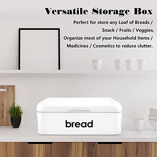 Teamfar Bread Box, White Metal Bread Box For Kitchen Countertop, Food Storage Container Bread Bin For Loaves/Pastries, Lifted Cover & Large Capacity, Modern Design & Durable, (16.5’’ X 9’’ X 6.3’’) #TOP6