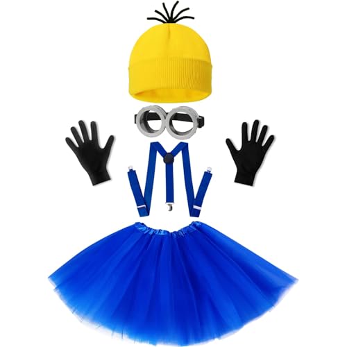 Halloween Costume for Adult Women,Goggles/Yellow Beanie/Blue Dress/Suspenders/Gloves Halloween Costume Accessories