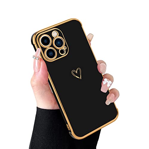 MZELQ Compatible with iPhone 14 Pro Case for Women Cute Luxury Love Heart Pattern Design Full Camera Protection Soft TPU Reinforced Corners Protective Plating Edge Phone Case 6.1 in 2022 - Black