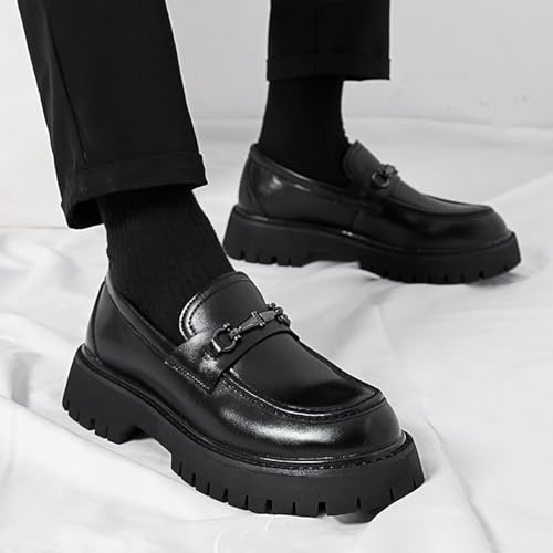 Image of XENTORD Men's Patent Leather Platform Loafers Comfort Non-Slip Lug Sole Slip-On Dress Shoes with Metal Horsebit Detail for Business Office & Casual
