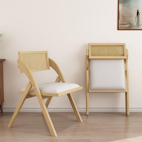 Beige Folding Dining Chairs Set of 2, Wooden Foldable Dining