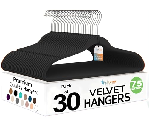 Image of Techzoo Premium Velvet Hangers 30 Pack Ultra Thin Non Slip Adult Felt Space Saving Suit Hanger for Closet Heavy Duty Coat Pants Jackets Dress Hangers 360 Swivel Hook Hold Upto 10 lbs Black