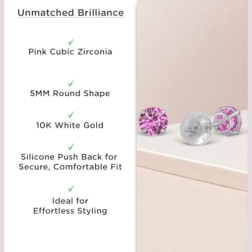 Jewelili 10K White Gold 5MM Round Pink Cubic Zirconia Solitaire Stud Earrings for Women | Classic Jewelry with Gift Box | Timeless Fashion Jewelry Gift for Her | Dainty Earrings2