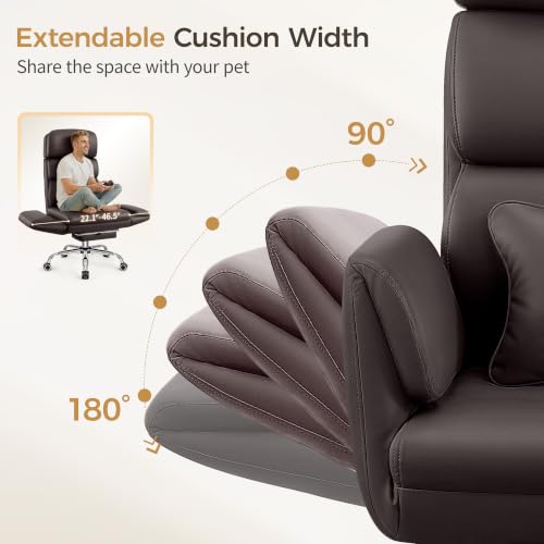 Image of Big and Tall Office Chair 500LBS, Ergonomic High Back Leather Executive Chair, Reclining Swivel with Adjustable Armrests Lumbar Support Footrest, Cross Legged, Coffee