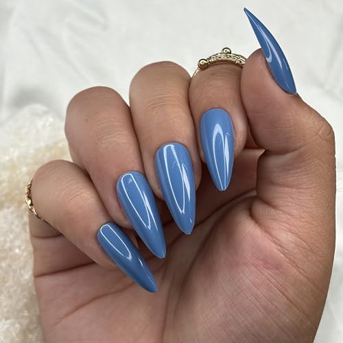 BLUE ATTITUDE Press-On Nails by Lavaa Beauty | Long Stiletto | Glossy Blue Stiletto Nails