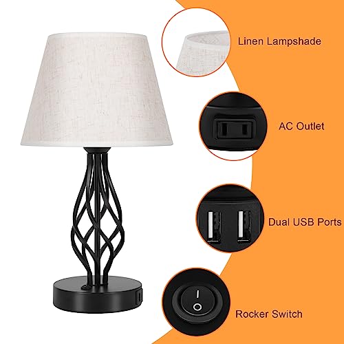 smusei Modern Table Lamps Set of 2 with Dual USB Charging Ports & AC Outlet Farmhouse Classic Nightstand Lamp with Linen Fabric Shade and Metal Base Small Desk Lamp for Bedroom Living Room Office