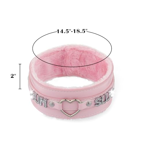 Pink Furry Heart O-ring Leather Choker Collar For Women, Handmade Punk Gothic Letter Necklace Adjustable Fashion Jewerly3