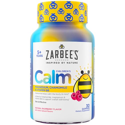 Zarbee’s Naturals Children’s Calm Gummies, Magnesium for Kids Ages 5+, Melatonin-Free, Support for a Calm Mind & Body, Chamomile & Vitamin B6, Natural Raspberry Flavor, 30 ct