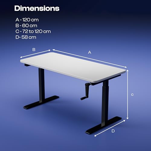 Image of Vergo Move M1 Manual Height Adjustable Table, Standing Desk for Work from Home, Hand Crank Office Table with 2 Stages, 80 Kg Load, 2 Year Warranty, (White, 1200 x 600mm / 25mm Thick)