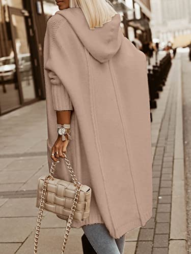 Aoysky Womens Long Cardigans Cable Knitted Open Front Oversized Hooded Outerwear Sweater Coat Apricot #TOP2