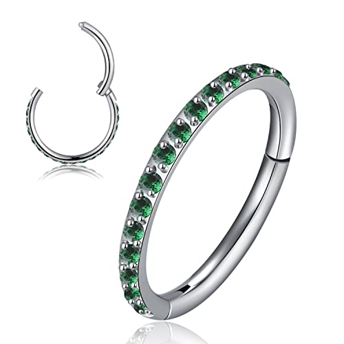 MissNity 18G 6mm Hinged Nose Ring Hoop 316L Surgical Steel, 18 Gauge Septum Clicker Helix Rook Cartilage Earrings Boby Piercing with Green CZ, Silver
