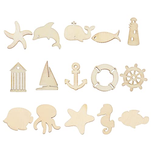 OTOTEC 100PCS Sea Animal Wooden Pieces Dolphin Starfish Seahorse Wood Chips Decorative Wooden Slices Embellishments for DIY Scrapbooking Card Making Crafts