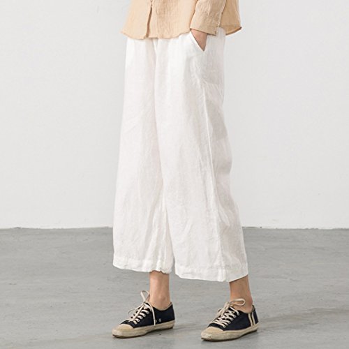 Womens Linen Cropped Pants Loose Casual Capri Cotton Wide Leg Plus Size Elastic Waist with Drawstring Trouses3