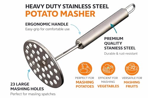 Image of Stainless Steel Potato Masher | Heavy Duty Vegetable Masher with Ergonomic Handle | Rust Resistant Cooking Tools