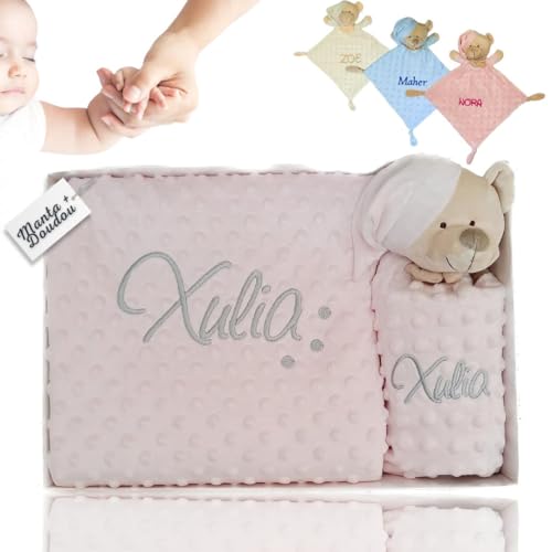 Balú Mantita Bebe Recién Nacido con Topitos y Dou Dou Personalizado con Nombre Bordado. Doudou Bebé Personalizado. 4 Colores (Nombre+Topitos)