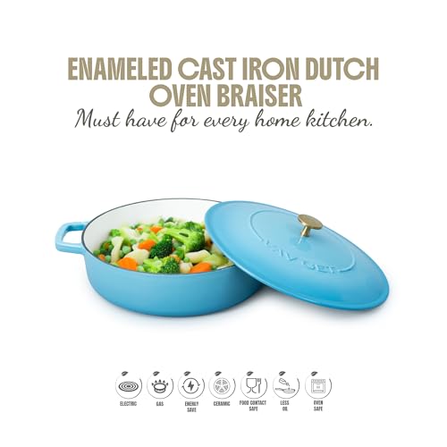 VAV GET Healthy and Safe, Non-Stick Enameled Cast Iron Dutch Oven Braiser. 28cm, 3.79L, 11 Inch, 4QT Induction and All Stove Compatible, Oven & Grill Safe - Teal