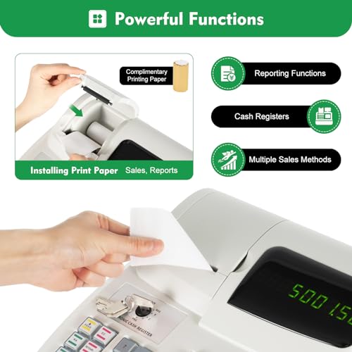 Image of 47 Keys Electronic Cash Register, Cash Register with Coin Drawer Box Cash Management System 6 Digits LED Display POS Bill Coins System for Small Businesses Retailers Supermarkets, White
