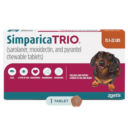 Simparica Trio (sarolaner, moxidectin, and pyrantel chewable Tablets) Chewables for Dogs, 12 mg/tab, 11.1-22 lbs, (Caramel), 1 Tablet