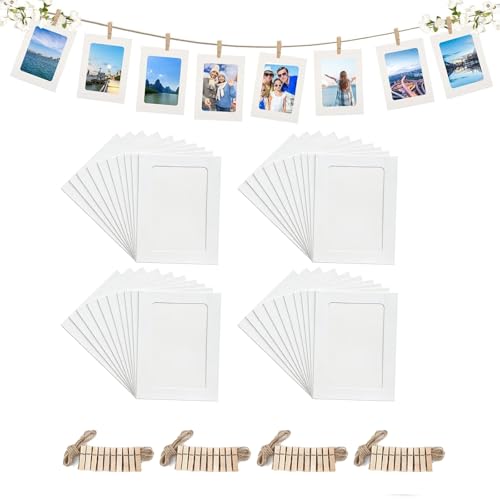 Hexizexi 40 Stück 7 Zoll Papier Bilderrahmen 13.5x18.5 cm Weiße Fotogirlande mit 40 Holzklammern und 4 Rollen Hanfschnur Fototaschen zum Aufhängen Geeignet für Geburtstage Hochzeiten Wanddekoration