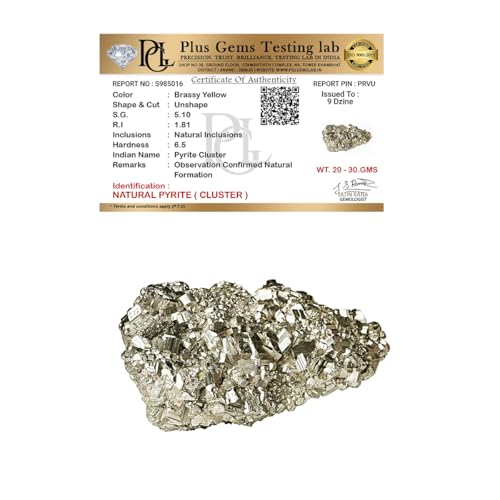 Image of Certified Pyrite Cluster with Authenticity Certificate (20-30 Gm) | Original Pyrite Raw Stone for Wealth, Abundance & Reiki Meditation | Healing Crystal Stone for Vastu Home decor & Office Desk Decor
