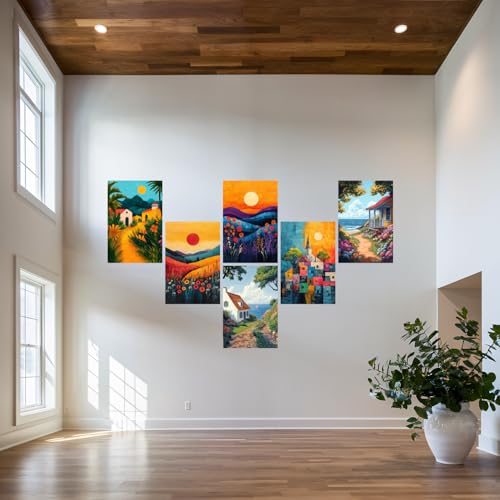 Image of SiddArtify Coastal Landscape Wall Art Prints Set - Colorful House Poster Decor for Living Room Bedroom Office - 12x18 inch Sticker Pack of 6