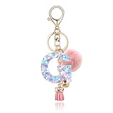 OKAICEN Pink-Purple Resin Alphabet Initial Letter Keychain Key Ring for Women Grils Purse Handbags with Faux Rabbit Fur Ball Pom('G')