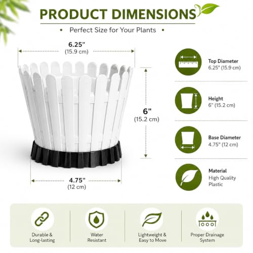 Image of TechHark Decorative Round Planter Pot with Picket Design, White with Black Base, 15 cm, Pack of 5
