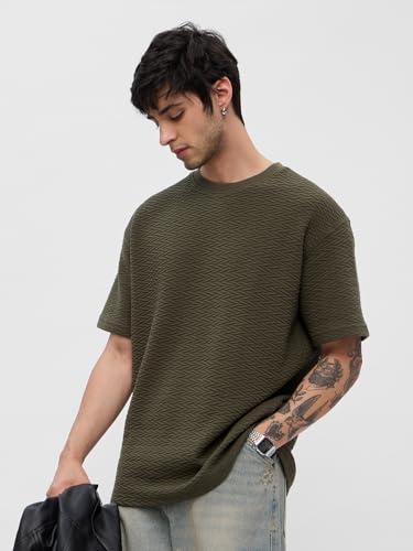 Image of The Souled Store Textured T-Shirt: Men and Boys Short Sleeves Round Neck Solid Cotton Blend Oversized T-Shirts